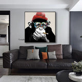 Hand Painted Oil Painting Abstract Gorilla with glasses and smoking On Canvas Wall Art Wall Adornment