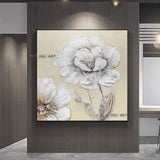 Hand Painted Abstract On Canvas White Flowers Minimalist Modern Decorative