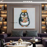 Hand Painted Modern Oil Painting Cute Little Penguin Holding a Lollipop Animal Abstract Canvas Wall Art