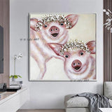 Modern Cartoon Art Hand Painted Canvas Oil Paintings Pig Painting Abstract Animal Wall Art Kids Room