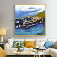 High Skilled Artist Hand Painted Abstract Blue and White and Gold on Canvas Rich Colors White and Blue Oil Painting