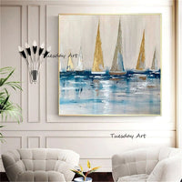 Hand Painted Landscape Oil Painting With Gold Foil Silver Art Seascape Ship Abstracts