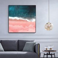 Hand Painted Abstract Art Canvas Oil Painting Beach Surf Ocean Wave Pink Blues