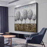 Hand Painted Silver Tree Canvas Painting Modern Nature Artwork Thick Oil For Home Office