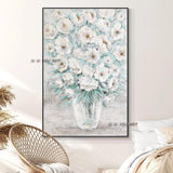 Hand Painted White Flowers With Green Leaves Painting On Canvas Decorative