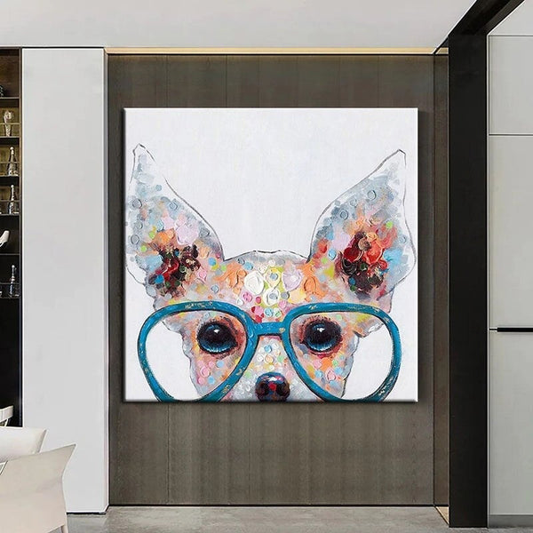 Hand Painted Animal Abstract Oil Painting Cute Glasses Puppy Home Office Painting