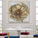 Hand Painted Abstract Canvas Wall Art Minimalist Modern Golden Flowers Decoration Office