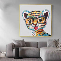 Wall Oil Paintings on Canva Hand Painted Cute Little Tiger with Glasses Art