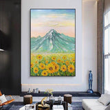 Home Canvas Artwork Hand Painted Sunflower and Mountain Oil Painting Texture On Canvas