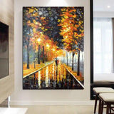 Hand Painted Landscape Painting On Canvas Hand Painted Lover Rain Street Tree Lamp Knife painting Wall picture