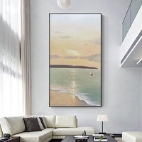 Hand Painted Modern Oil Painting Abstract Seascape Sunrise Beach White Canvas Painting