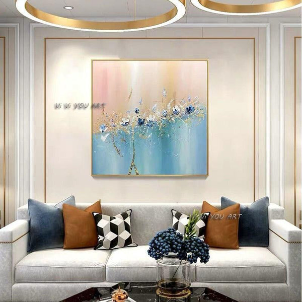 Hand Painted Gold Blue White Flower Acrylic Canvas Painting Bedroom