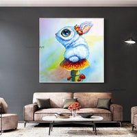 Hand Painted Oil Painting on Canvas Lovely Animal Rabbit Hotel Decor Modern Unframed