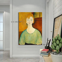 Modern Hand Painted Girl in a Green Blouse Canvas Artwork Aesthetic Wall Hanging Decor