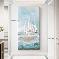 Handpainted Oil Painting On Canvas Blue Sea Boat Oil Painting Abstract Modern Canvas Wall Art Decor