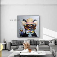 Home Decoration Hand PaintedThe Dog Is Holding A Wine Glass Wearing Sunglasses Paintings On Canvas Artwork Wall Art