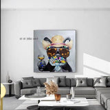 Home Decoration Hand PaintedThe Dog Is Holding A Wine Glass Wearing Sunglasses Paintings On Canvas Artwork Wall Art