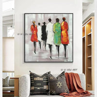 Hand Painted Painted Painting Abstract Women Walking In The Street On Canvas Classical Wall