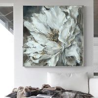 Hand Painted Art Oil Painting White Flower Abstract On Canvas Wall Adornment For Live Room