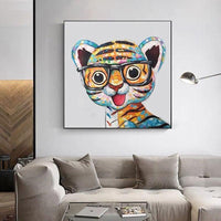 Wall Oil Paintings on Canva Hand Painted Cute Little Tiger with Glasses Art