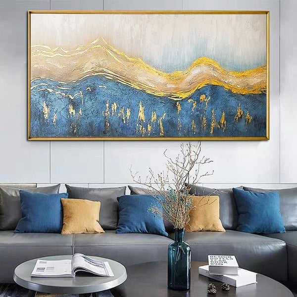 Hand Painted Oil Painting Landscape Blue White Gold Foil Abstract On Canvas Home Wall Art