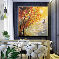 Hand Painted Modern Abstract Yellow Tree Oil Painting on Canvas Scandinavian Home Deco