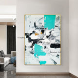 Hand Painted Oil Painting By Hand Painted Black White Blue Simple Abstract Color Block Arts Canvas