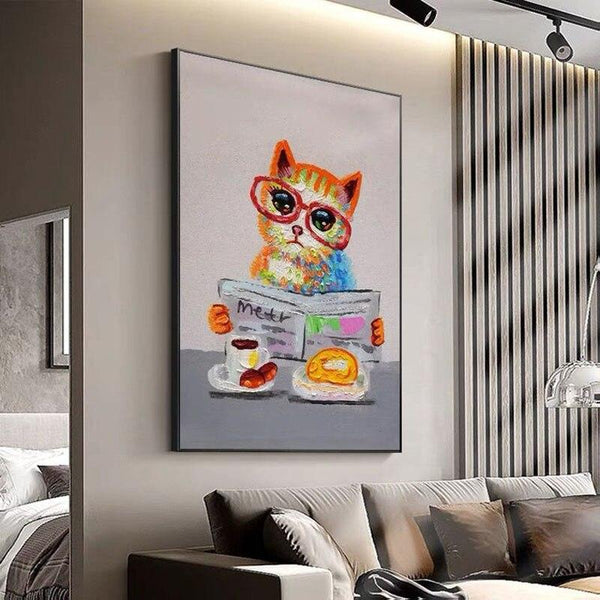 Hand Painted Modern Abstract Animal Canvas Reading Book Cat Modern Wall Painting As