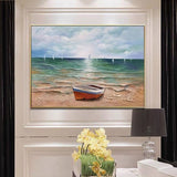 Hand Painted Blue Ocean Landscape Boats Oil Painting on Canvas Hawaii Beach