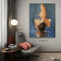 Hand Painted Oil Painting Modern Retro Seascape Sailing Boat Abstract Canvass Bedroom Fashion