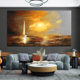 Hand Painted Abstract Seascape Sunrise Boat Oil Painting Fors Canvas Art