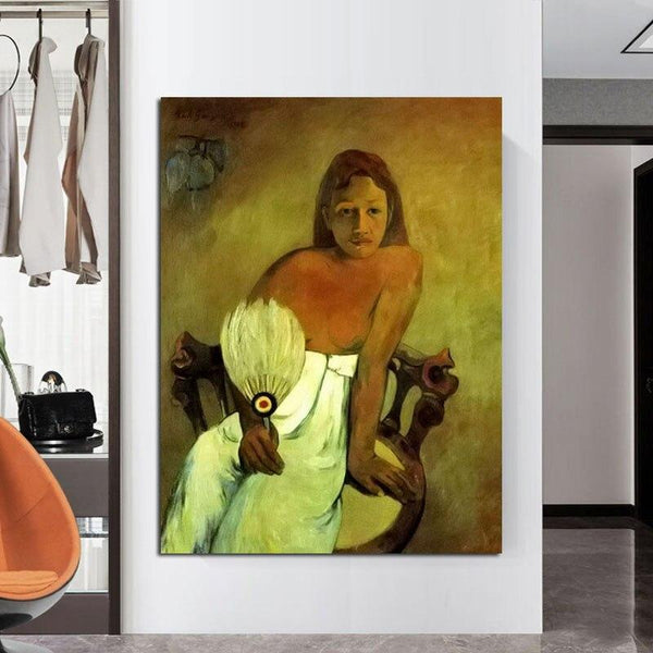 Hand Painted Oil Painting Paul Gauguin Girl with Fan Abstract Classic Retro Wall Art Room Decor