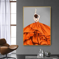 Modern Abstract Hand Painted Noble Orange Dress Woman Canvas Oil Painting Posters Wall Art