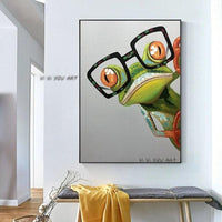 Hand Painted Abstract Animal Canvas Green Glasses Frog Painting Tree Frog Textured Cartoon Painting Living