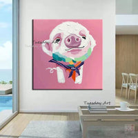 Hand Painted Pink Cute Pig Oil Painting Abstract on Canvas Modern Art Animal Painting fors