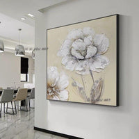 Hand Painted Abstract On Canvas White Flowers Minimalist Modern Wall Art Decorative