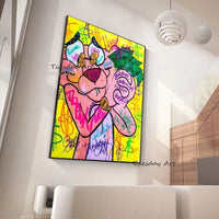 Hand Painted Oil Painting Graffitti Street Art Canvas Pink Leopard Animal Pop Cartoon Painting