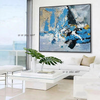 Abstract Wall Art Blue White Yellow Hand Painted Over Large-Square On Canvas Living Dining Decoration