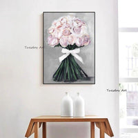 Texture Pink Bouquet Flowers Wall Art Hand Painted Modern Abstract Oil Painting On Canvas