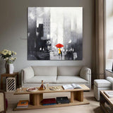 Hand Painted Oil Painting Color People Retro Abstract Grey Canvas Couple With Umbrella Walking On Street Modern