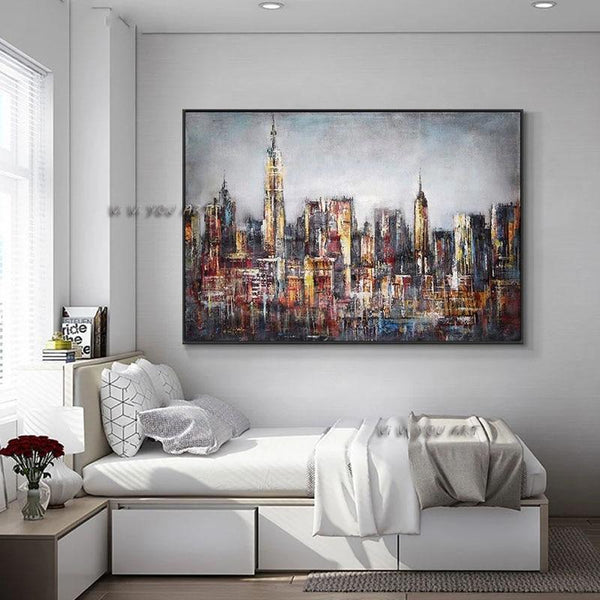 Hand Painted On Canvas Abstract City Building Painting Modern Decorative