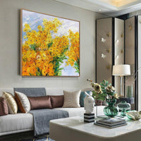 Hand Painted Contemporary Abstract Yellow Flowers Modern Wall Art Minimalist Bedroom Decorations