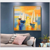 Hand Painted Oil Painting Sailing Hand Painted Modern Sunset Boats In Sea On Canvas