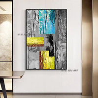 Hand Painted On Canvas Yellow Blue Geometric Modern Abstract Office Home Interior Mural