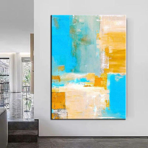 Hand Painted Art Oil Paintings Modern Minimalist Canvas Abstract Warm Color Block Blue Yellow for Living Decor