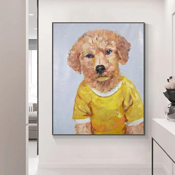 Puppy With Yellow Shirt Animal Hand Painted Modern Abstract Oil Painting On Canvas Wall Art
