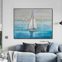 Hand Painted Oil Painting Sail Boat Canvas Seascape for Livingroom Wall