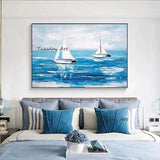 Hand Painted Abstract Landscape Oil Painting Canvas Painting Blue Seascape Sailing Boat