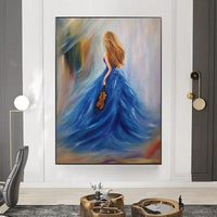 Hand Painted Abstract Oil Painting Music Girl Playing Violin Modern Canvas As