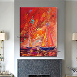 Hand Painted Oil Painting Seascape Red Sailing Boat Landscape Abstract On Canvas Decor